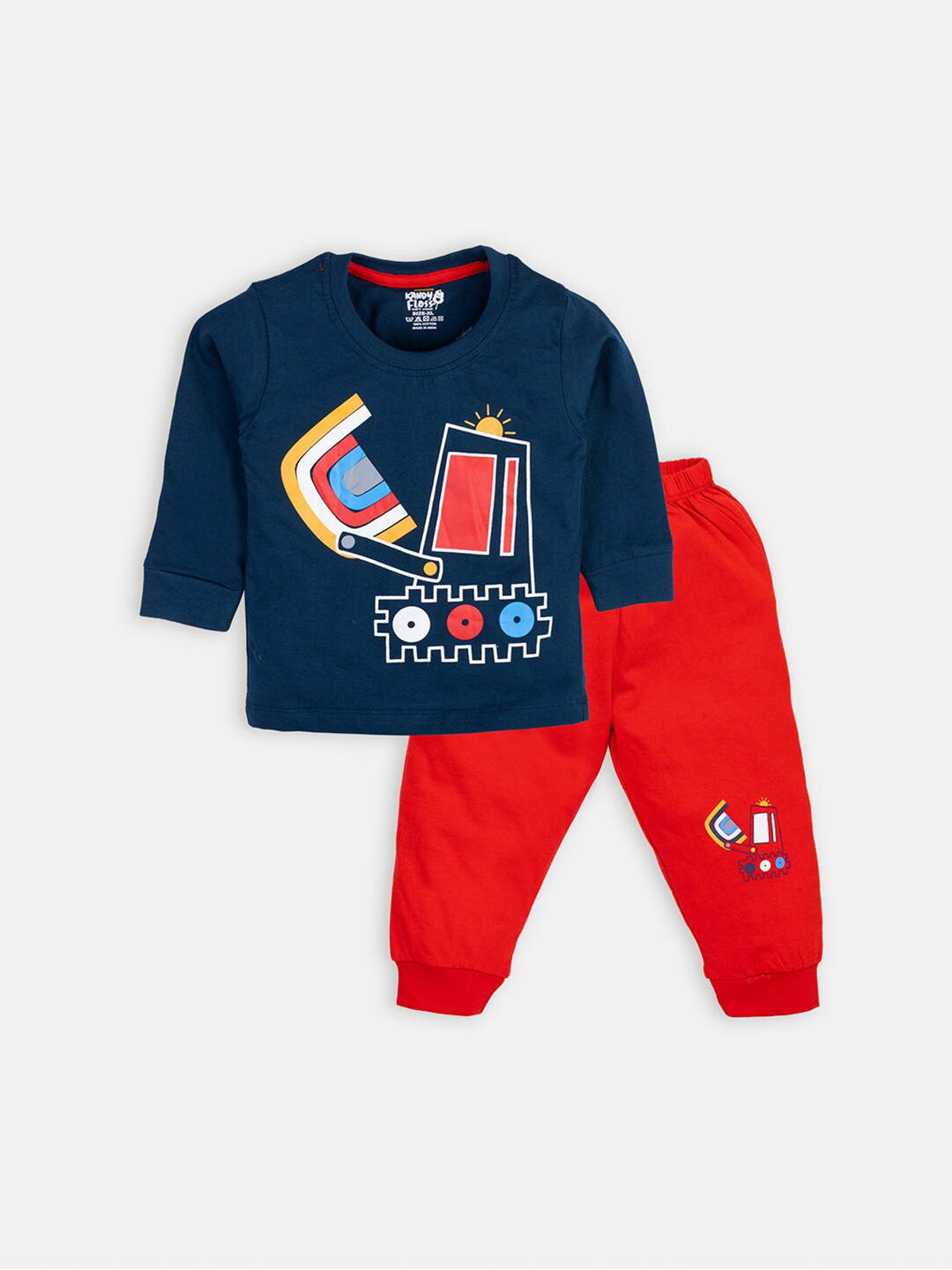 

AMUL Kandyfloss Kids Navy Blue & Red Printed Pure Cotton T-shirt with Trousers