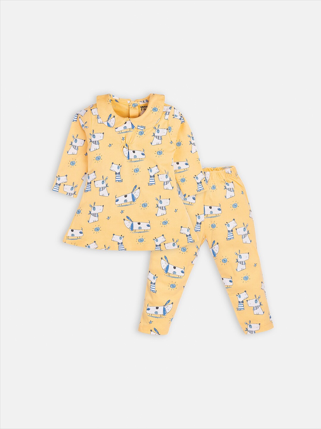 

AMUL Kandyfloss Girls Yellow & White Printed Pure Cotton Top with Trousers