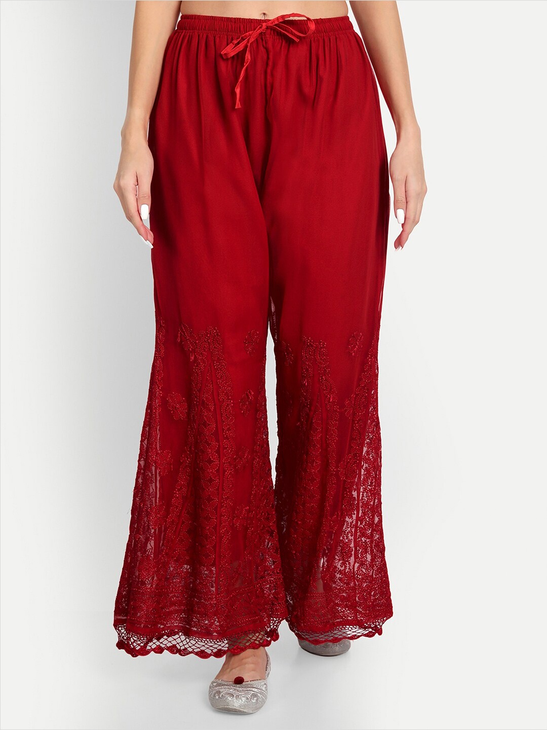 

Indiankala4u Women Red Embroidered Georgette Ethnic Palazzos