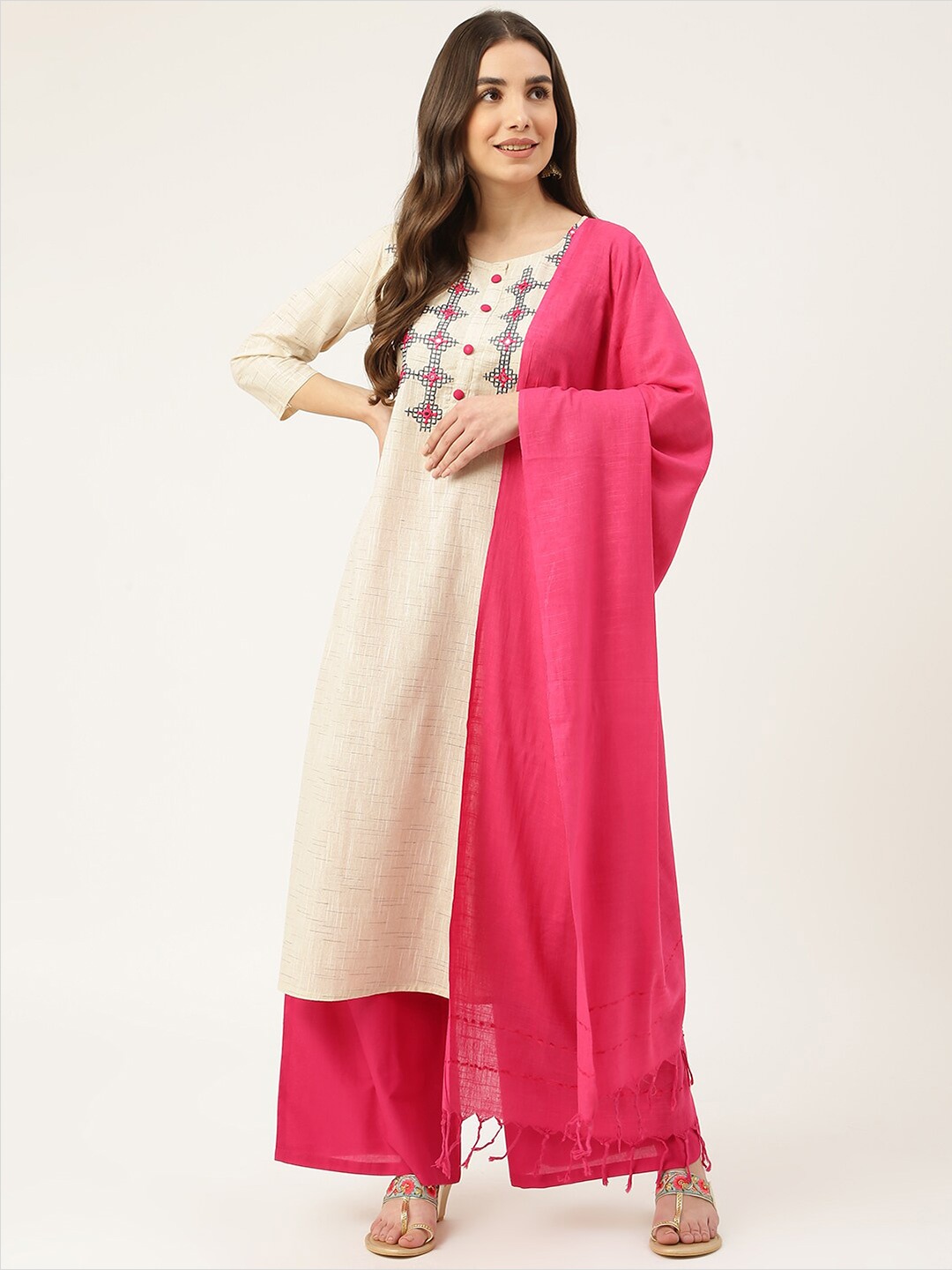 

DECKEDUP Women Off White Yoke Design Mirror Work Kurta with Palazzo & Dupatta Set