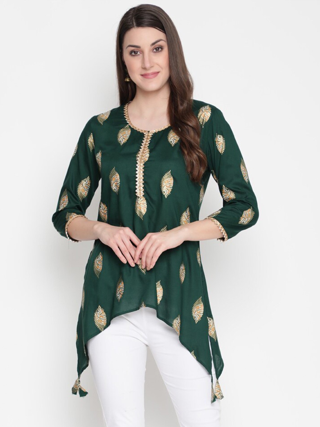 

AKIMIA Green Ethnic Motifs Printed Pure Cotton Kurti