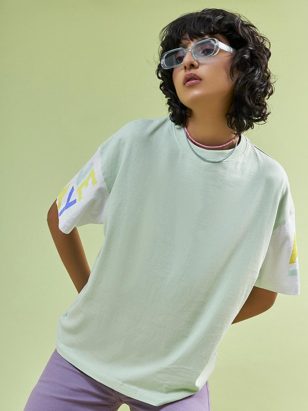 

Bewakoof Women Green Typography Printed Loose Cotton T-shirt