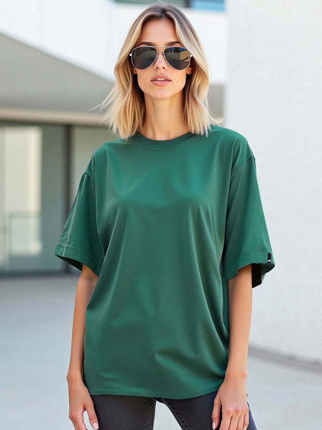 

Bewakoof Women Green Drop-Shoulder Sleeves CottonT-shirt