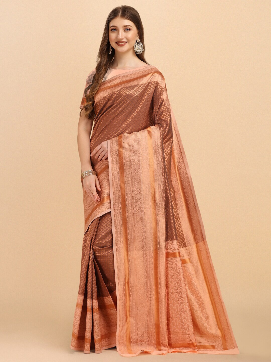 

BESUCHER Brown & Peach-Coloured Woven Design Zari Art Silk Kanjeevaram Saree
