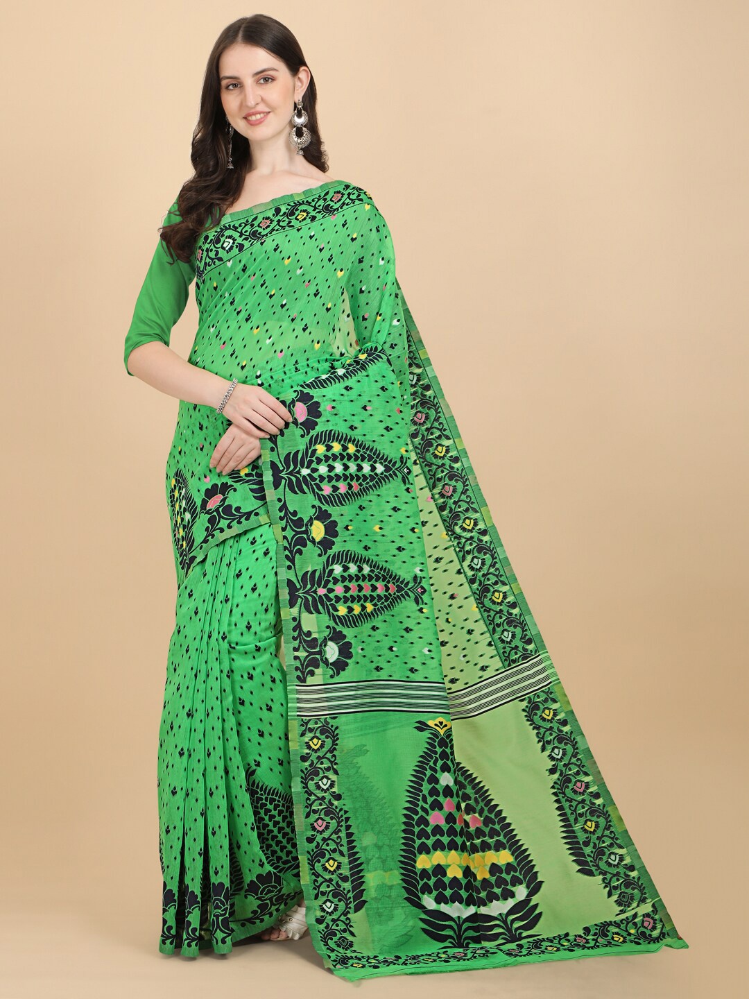 

BESUCHER Green & Black Woven Design Jamdani Saree