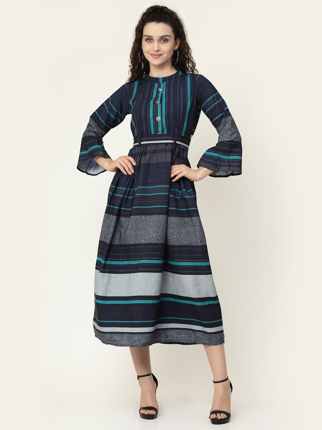 

MISS AYSE Blue & Grey Striped Crepe Midi Dress