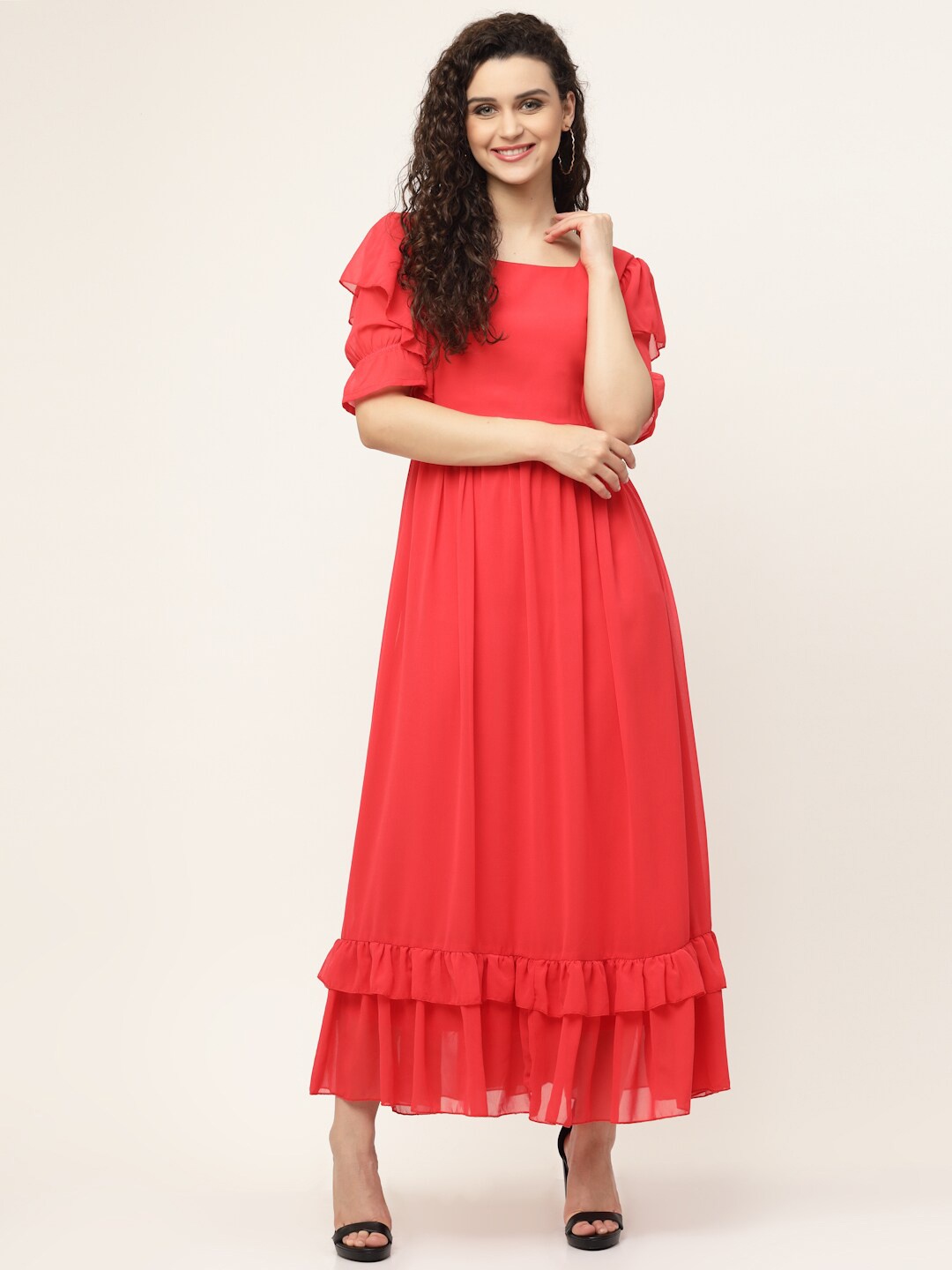 MISS AYSE Red Square Neck Maxi Dress