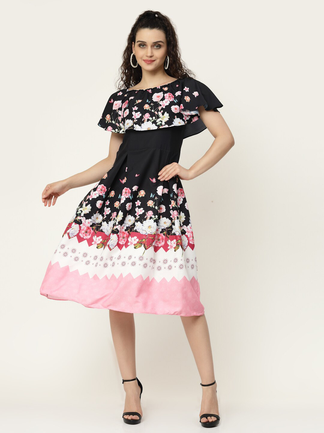 

MISS AYSE Navy Blue & Pink Floral Crepe Dress
