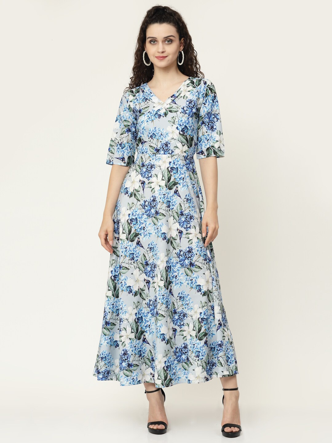 

MISS AYSE Grey & Blue Floral Cotton Maxi Dress