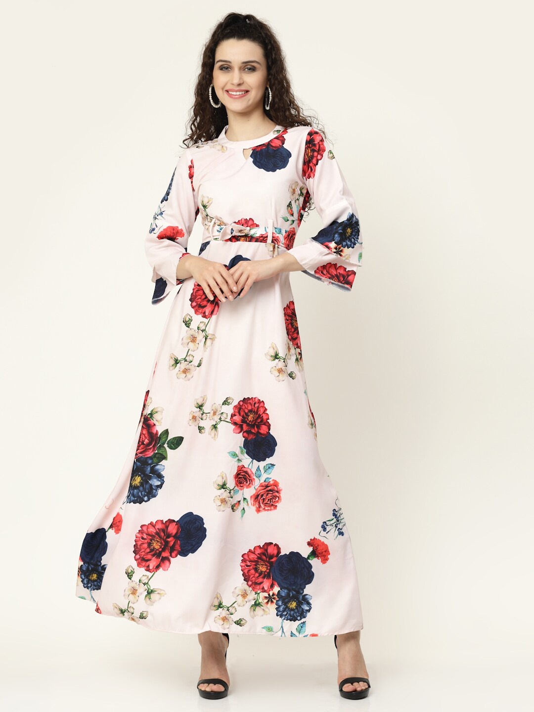 

MISS AYSE Cream-Coloured & Blue Floral Keyhole Neck Crepe Maxi Dress