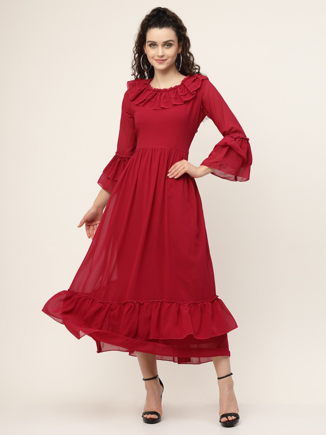 

MISS AYSE Maroon Solid Midi Dress