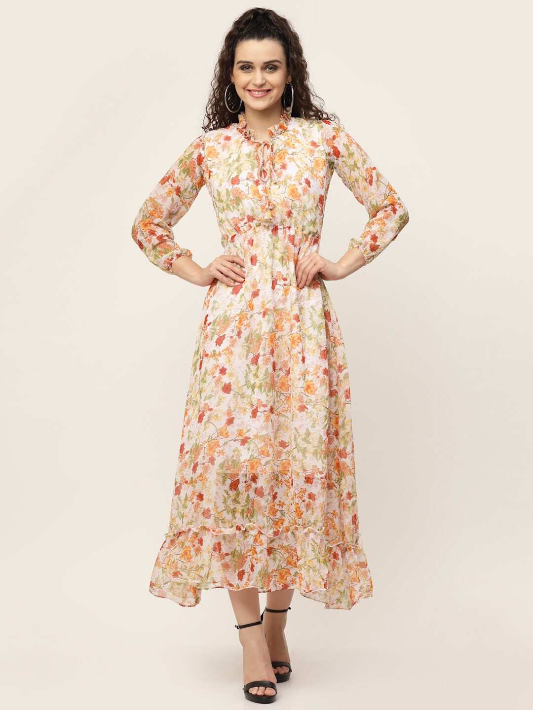 

MISS AYSE Orange & White Floral Tie-Up Neck Midi Dress