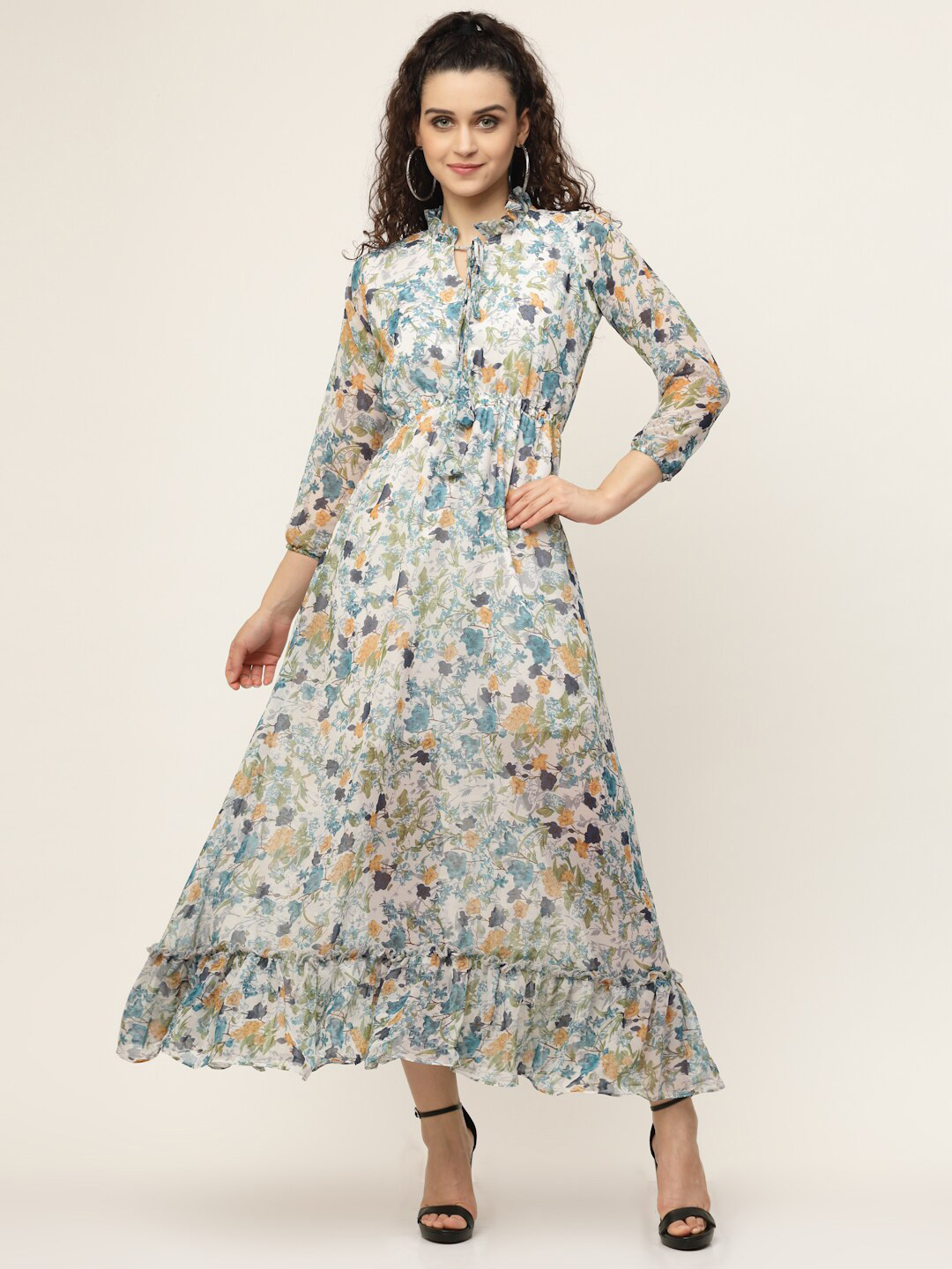 

MISS AYSE Blue & White Floral Tie-Up Neck Maxi Dress