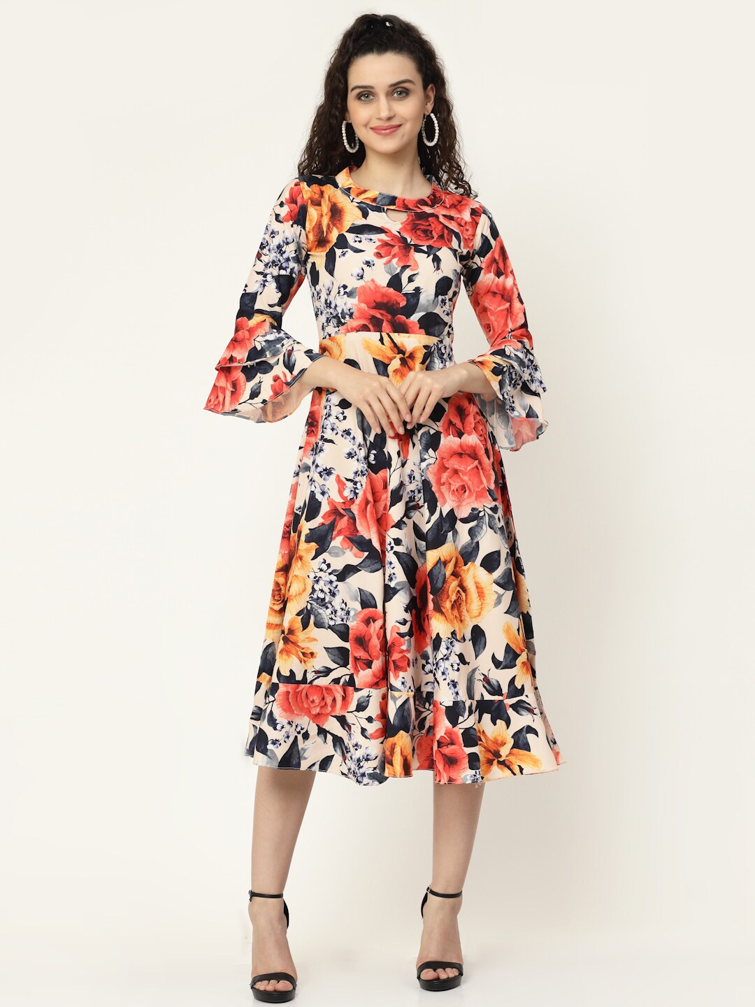

MISS AYSE Orange & White Floral Keyhole Neck Crepe Midi Dress