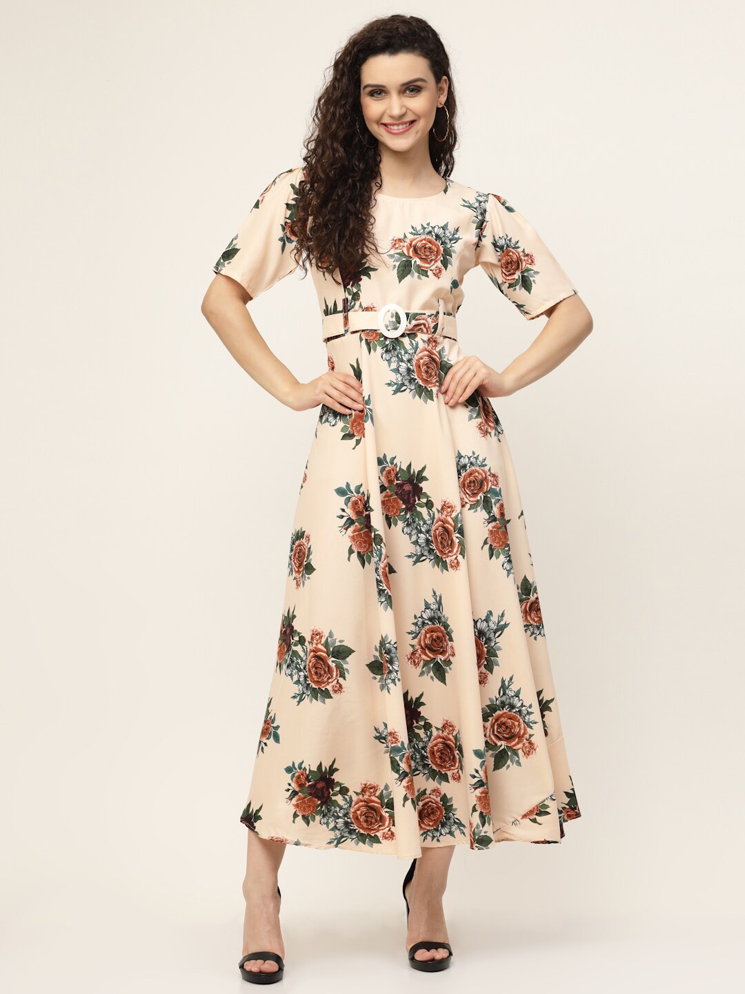 

MISS AYSE Beige & Green Floral Cotton Maxi Dress