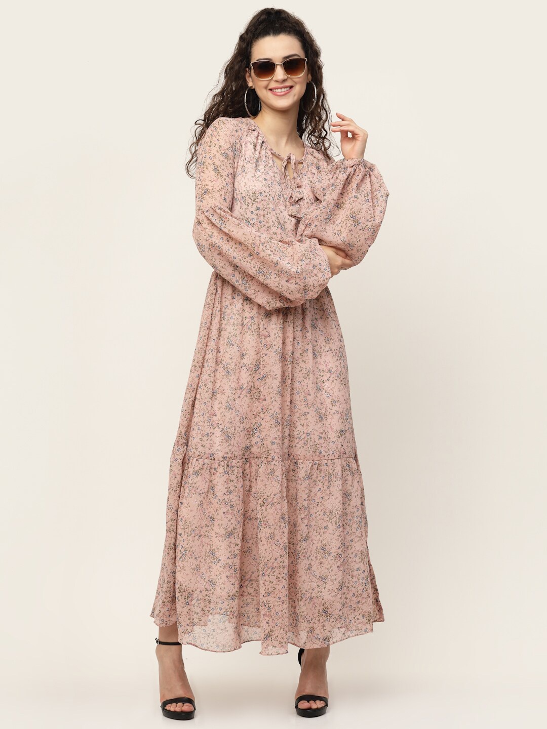 

MISS AYSE Peach-Coloured Floral Tie-Up Neck Maxi Dress