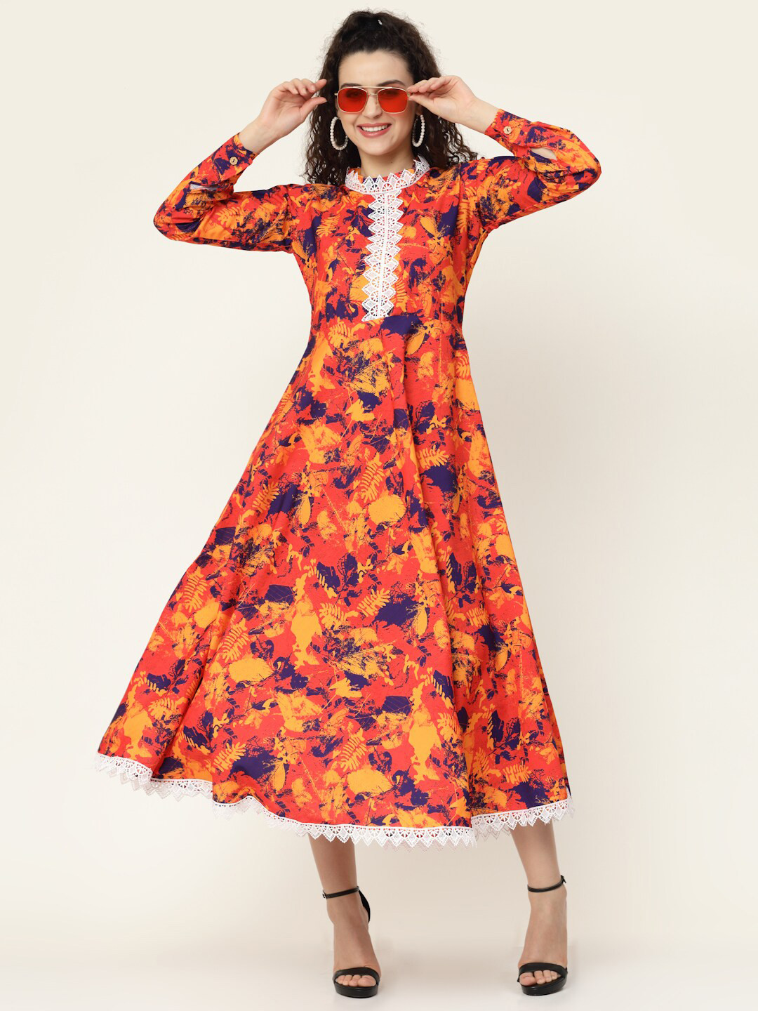 

MISS AYSE Orange & Blue Crepe Midi Dress