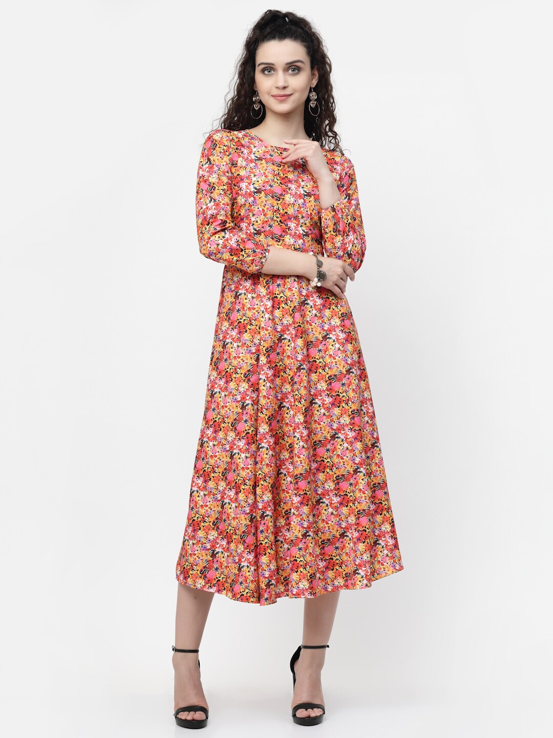 

MISS AYSE Red & Pink Floral Keyhole Neck Crepe Midi Dress