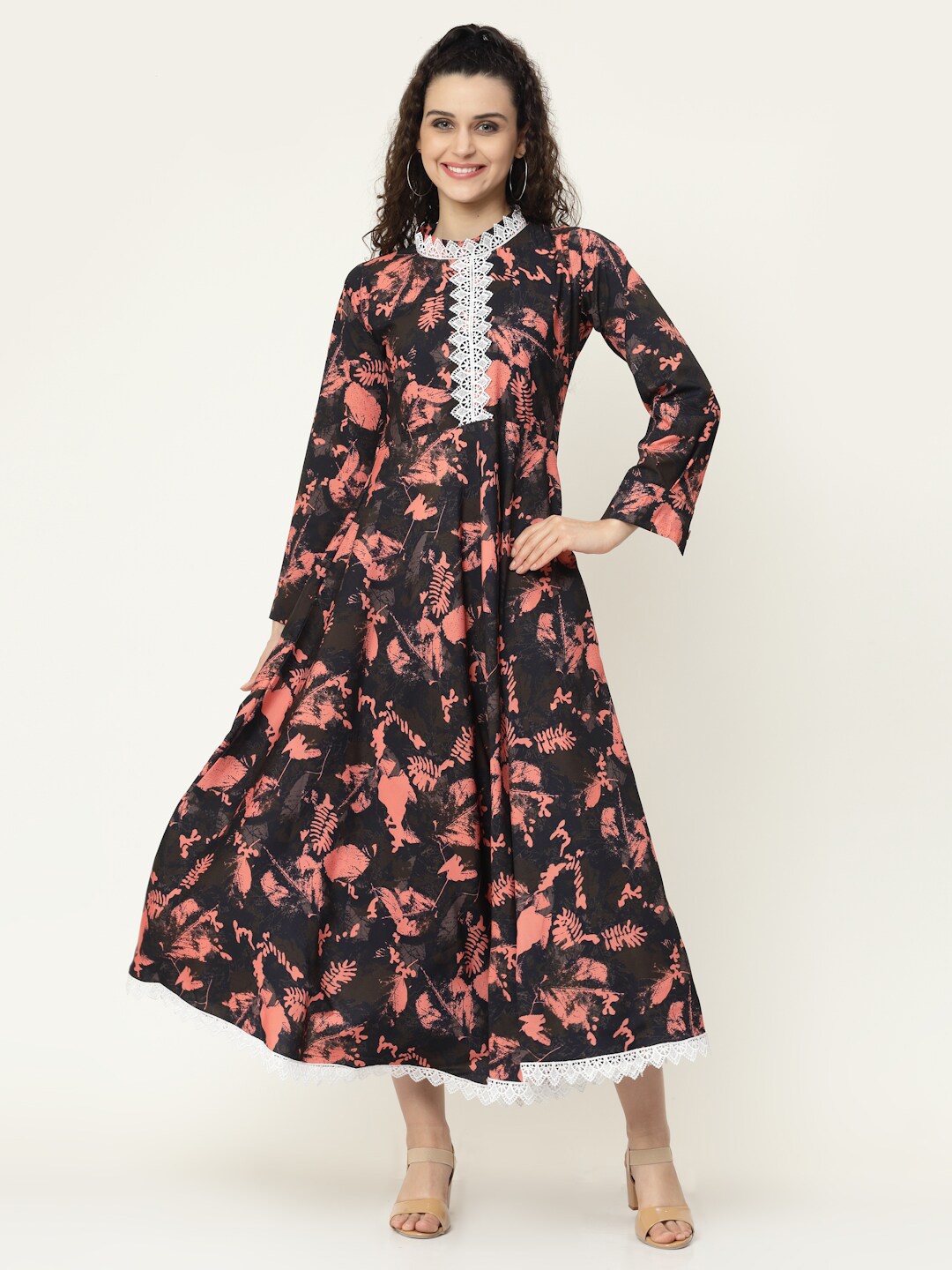 

MISS AYSE Brown & Pink Crepe Midi Dress