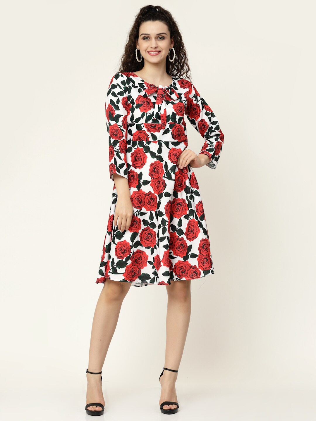 MISS AYSE White & Red Floral Tie-Up Neck Crepe Dress