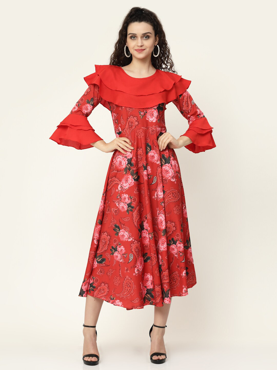 

MISS AYSE Maroon & Pink Floral Crepe Midi Dress