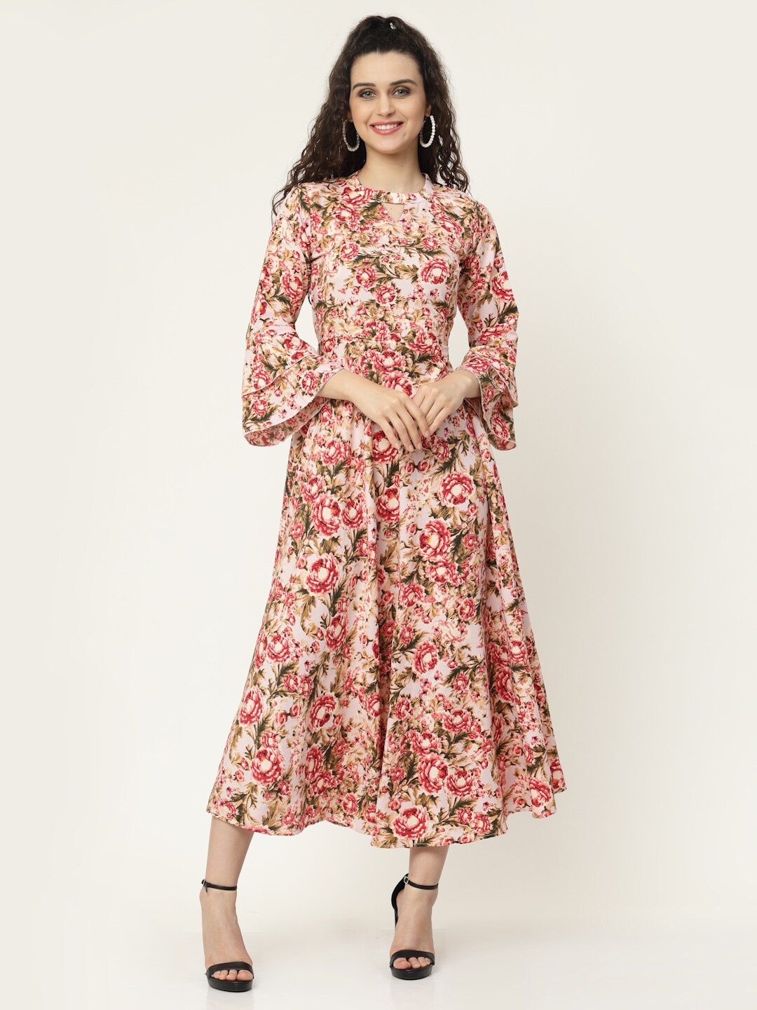

MISS AYSE Pink & Cream-Coloured Floral Keyhole Neck Cotton Midi Dress