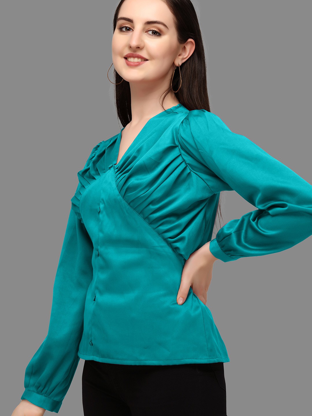 

Urban Luxe Women Blue Satin Shirt Style Long Sleeves Satin Top