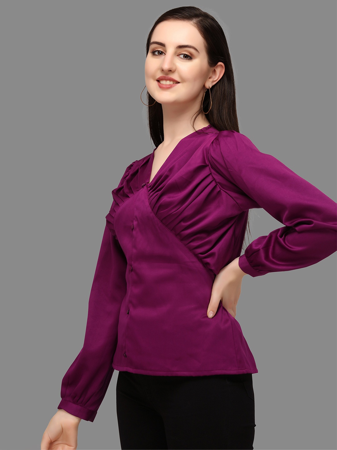 

Urban Luxe Women Purple Solid Satin Shirt Style Top