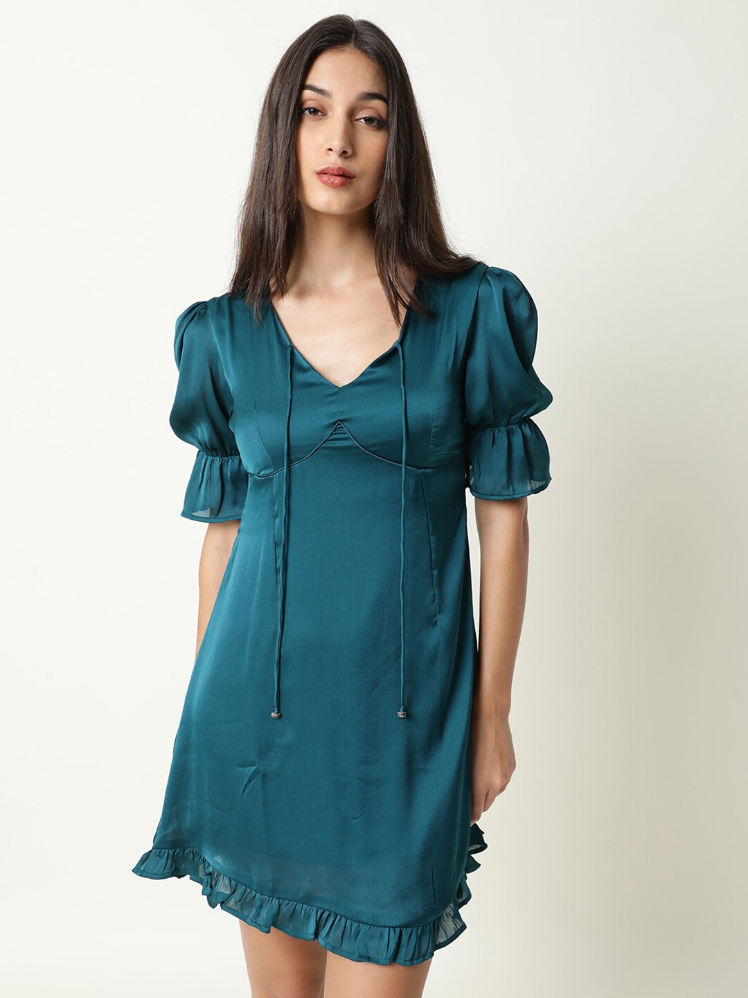 

RAREISM Green Solid A-Line Cotton Dress