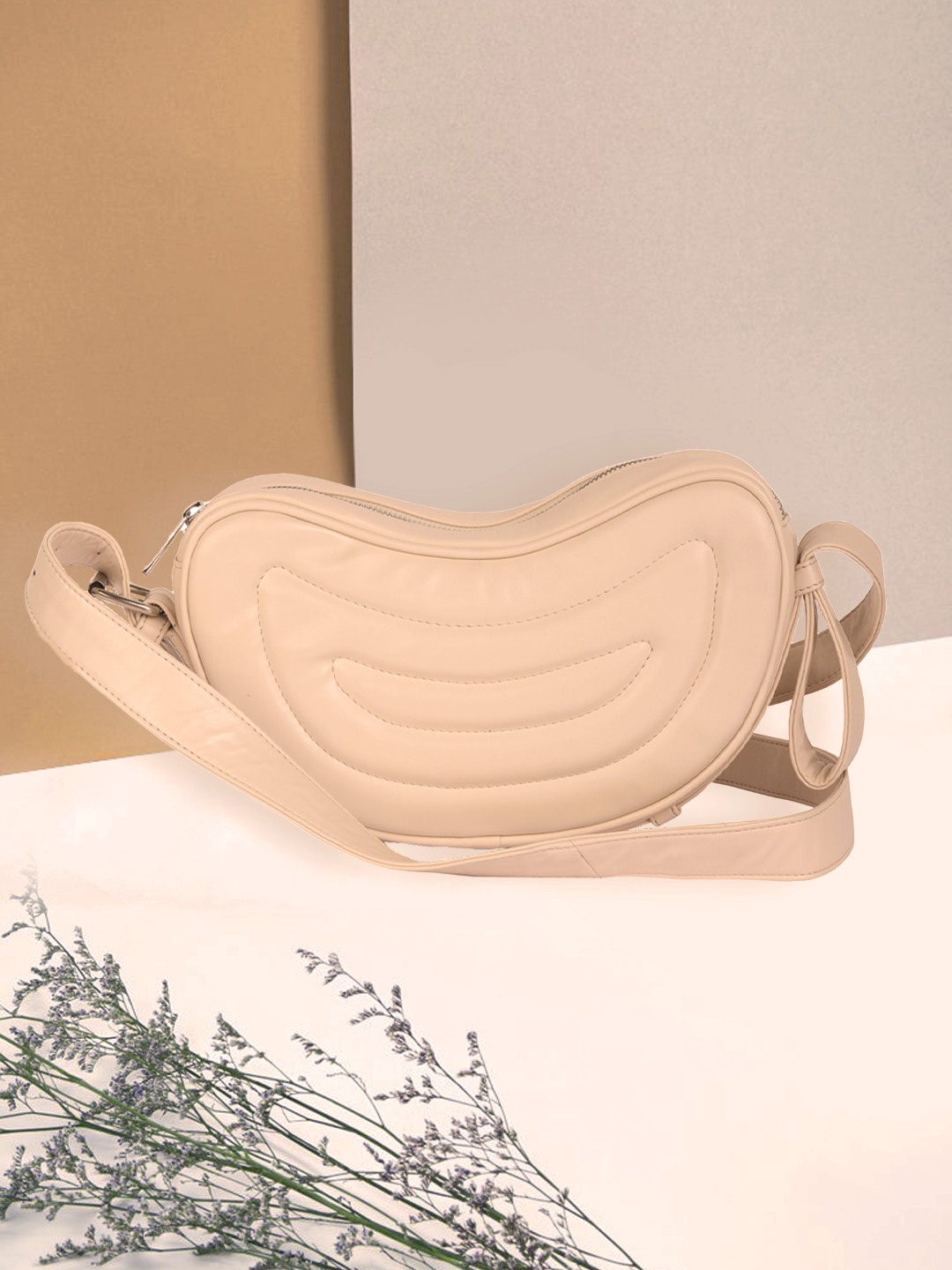

FERROCCIO Women Cream-Coloured Structured Sling Bag with Quilted