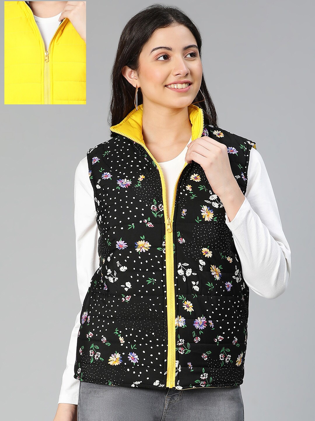 

Oxolloxo Women Black Yellow Floral Reversible Puffer Jacket