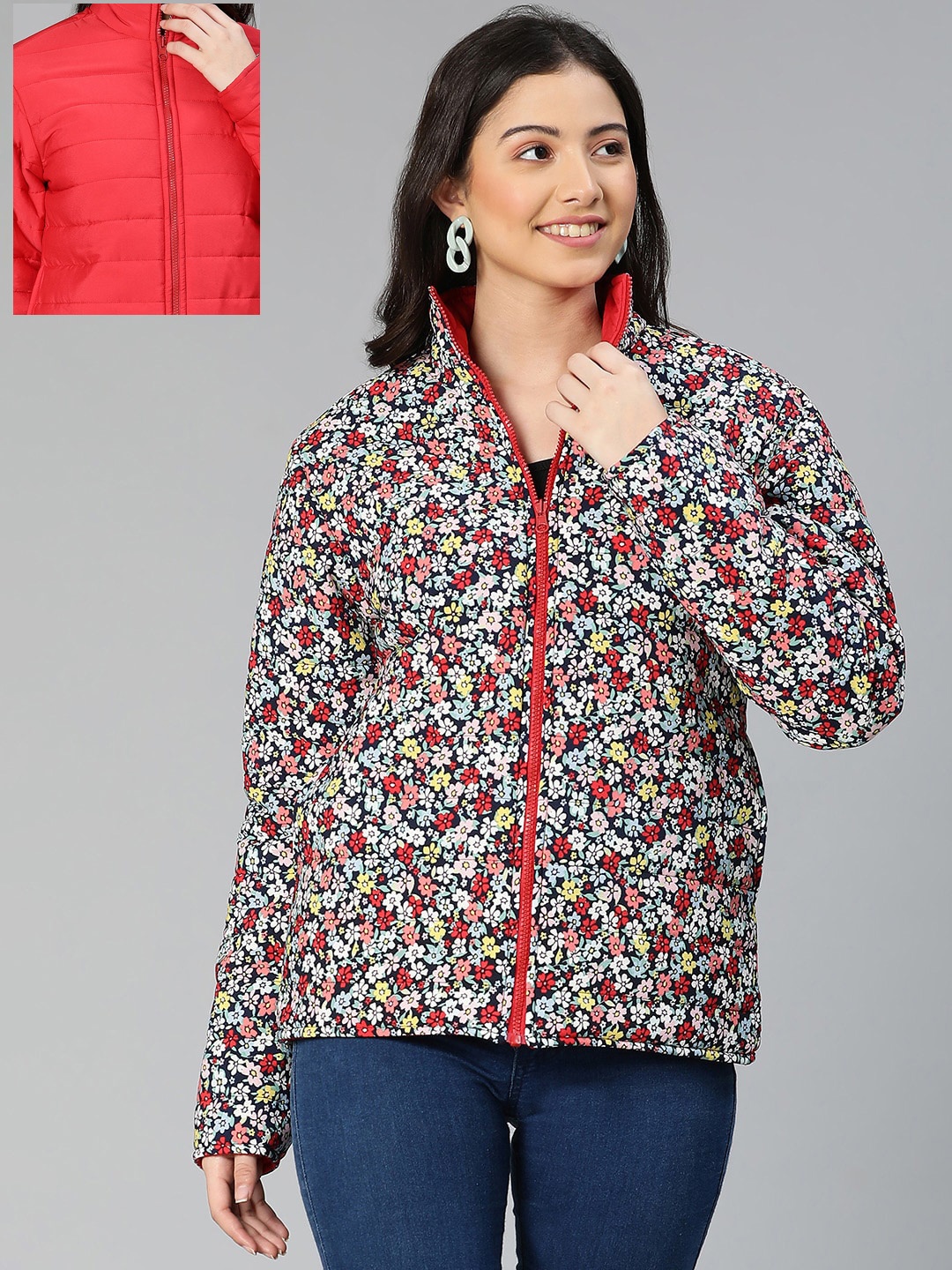 

Oxolloxo Women Red Yellow Floral Reversible Padded Jacket