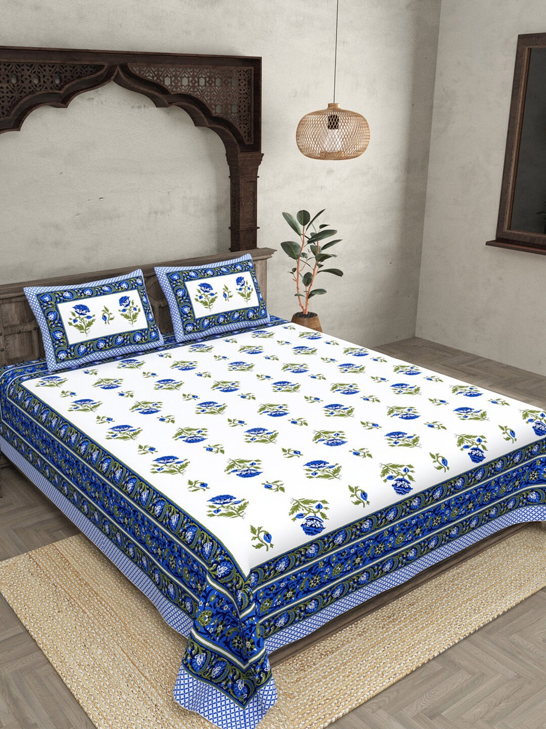 

JAIPUR FABRIC Blue & White Floral 120 TC Cotton Queen Bedsheet with 2 Pillow Covers