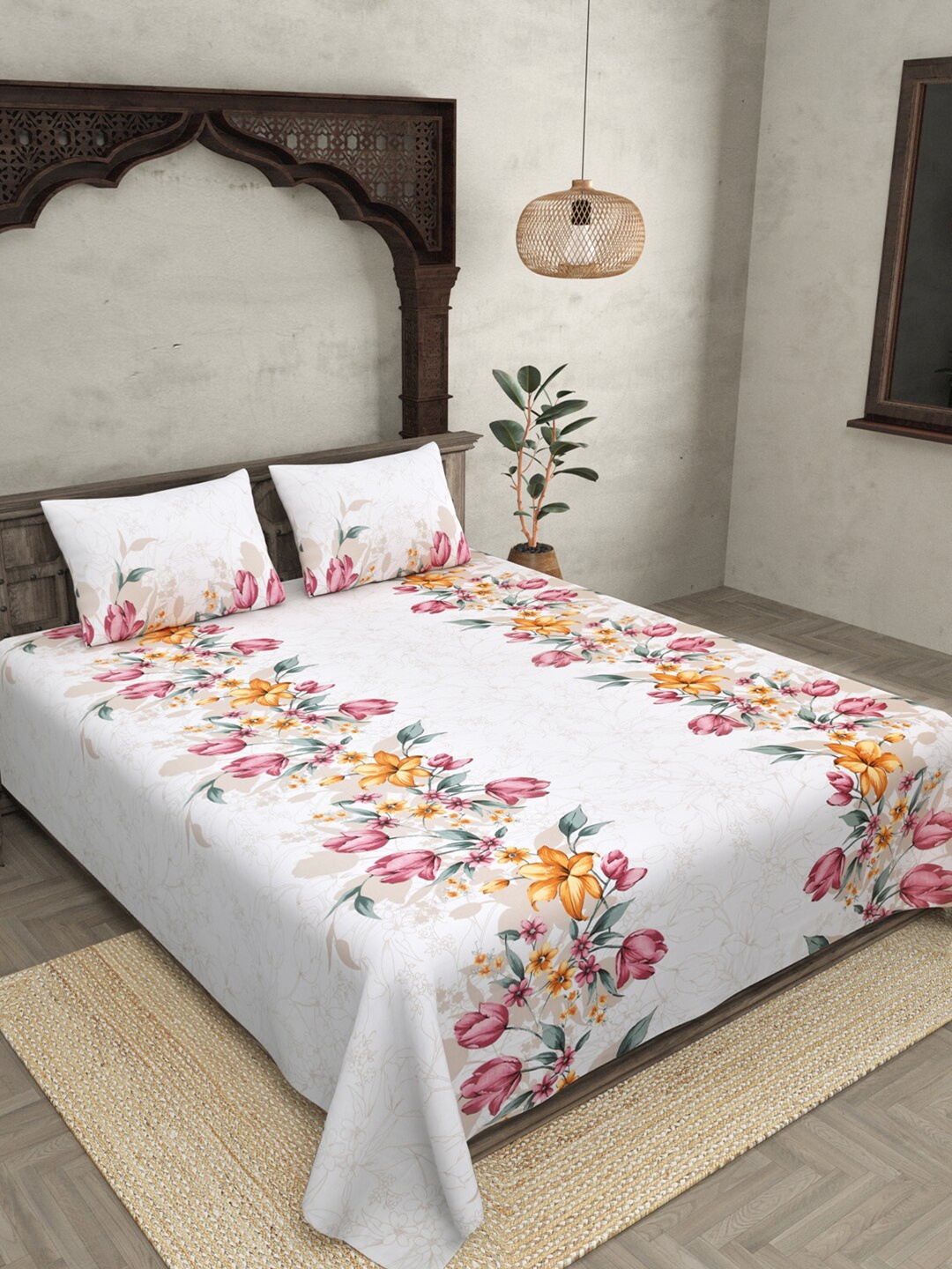 

JAIPUR FABRIC Pink & White Floral 240 TC Cotton King Bedsheet with 2 Pillow Covers