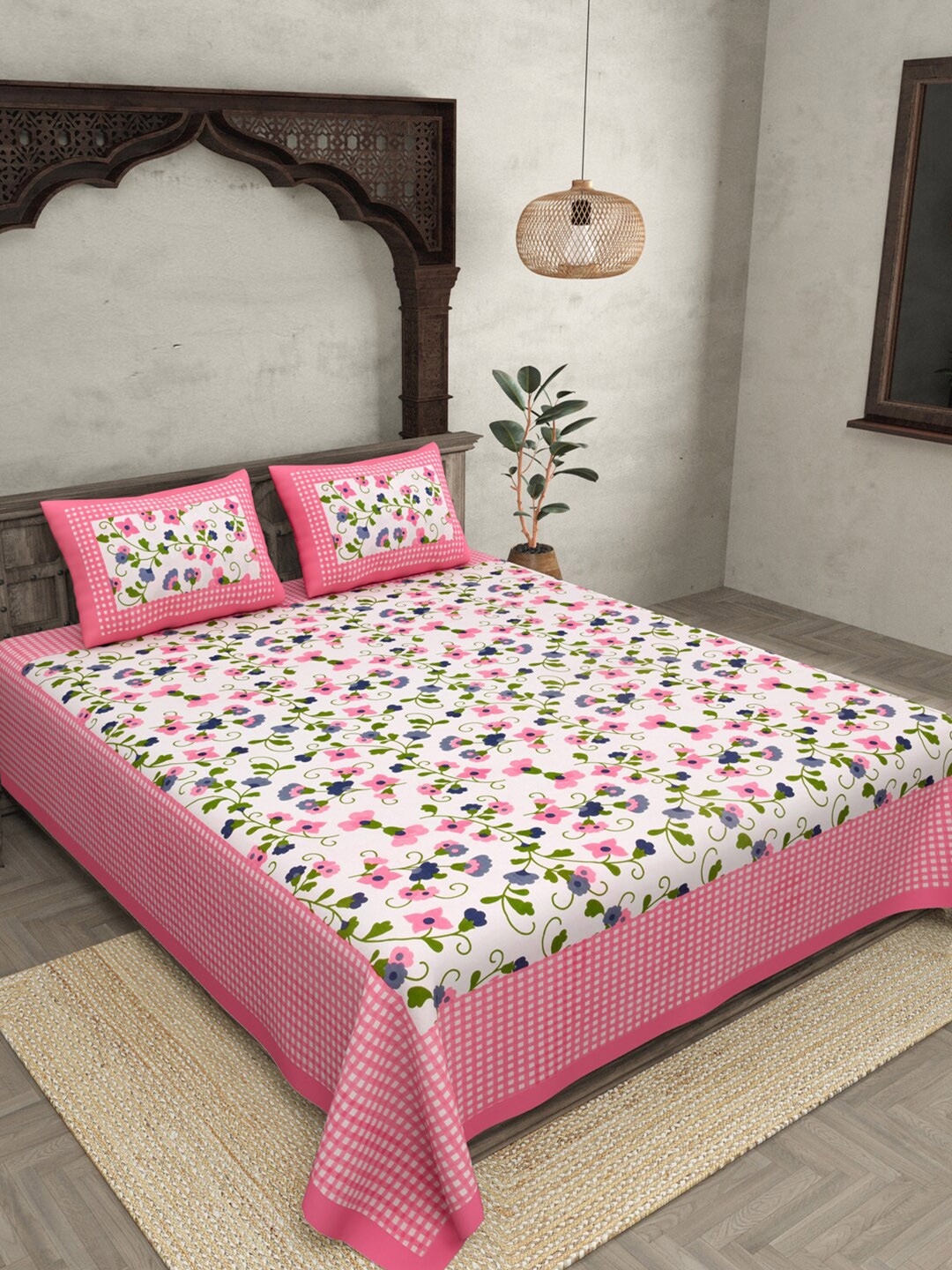 

JAIPUR FABRIC Pink & White Floral 120 TC Cotton Queen Bedsheet with 2 Pillow Covers