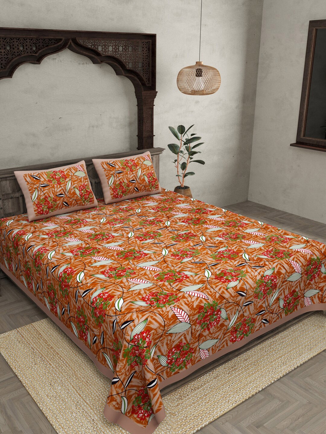 

JAIPUR FABRIC Brown & Red Floral 120 TC Cotton Queen Bedsheet with 2 Pillow Covers