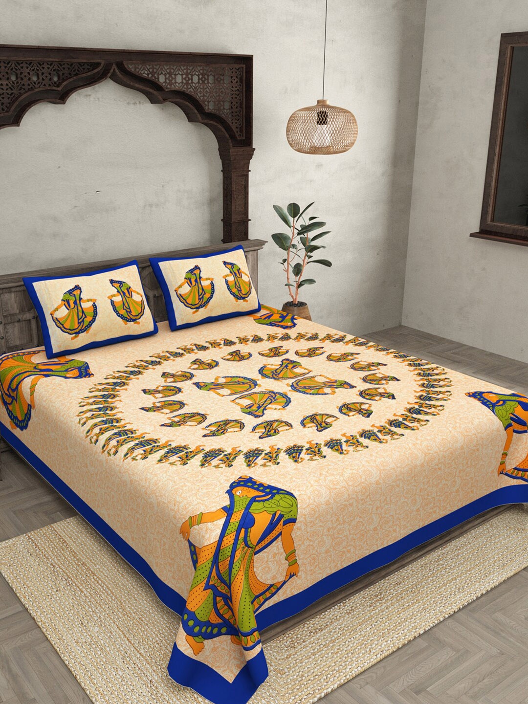 

JAIPUR FABRIC Blue & Beige Ethnic Motifs 180 TC Cotton Queen Bedsheet with 2 Pillow Covers