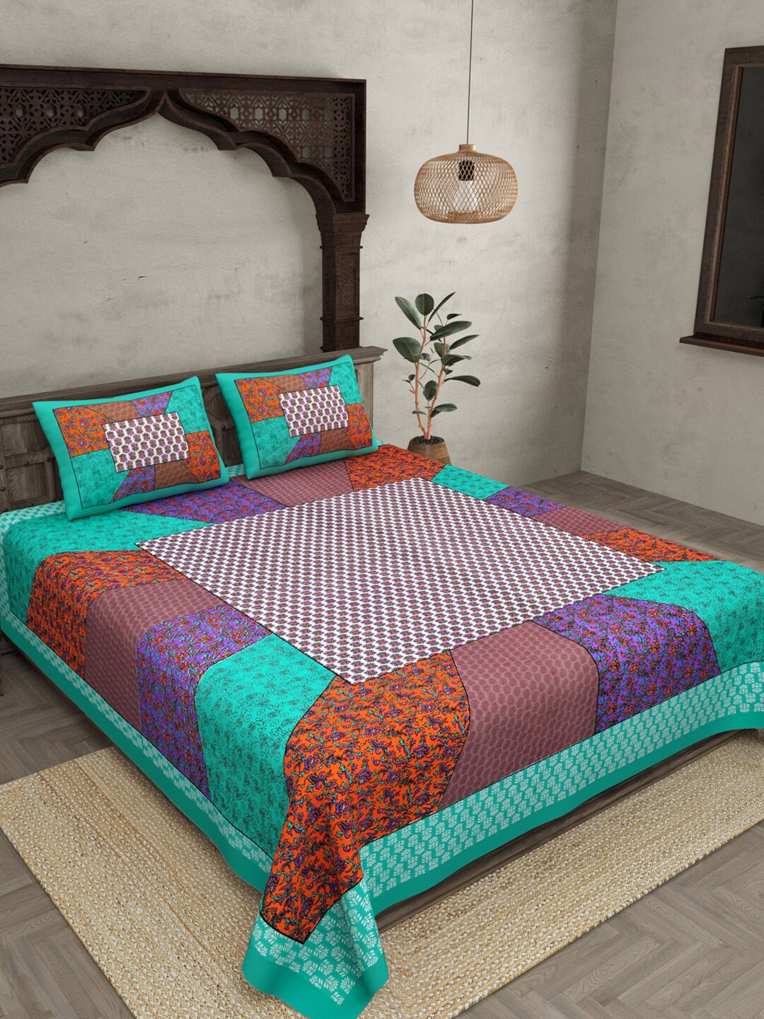 

JAIPUR FABRIC Green & White Floral 180 TC Cotton Queen Bedsheet with 2 Pillow Covers