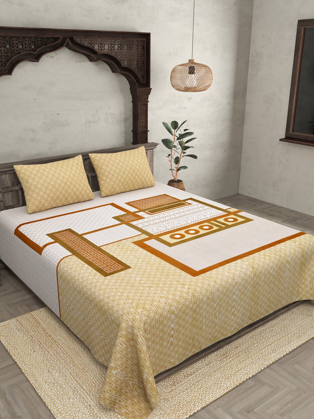 

JAIPUR FABRIC Yellow & White Printed 240 TC Cotton King Bedsheet with 2 Pillow Covers