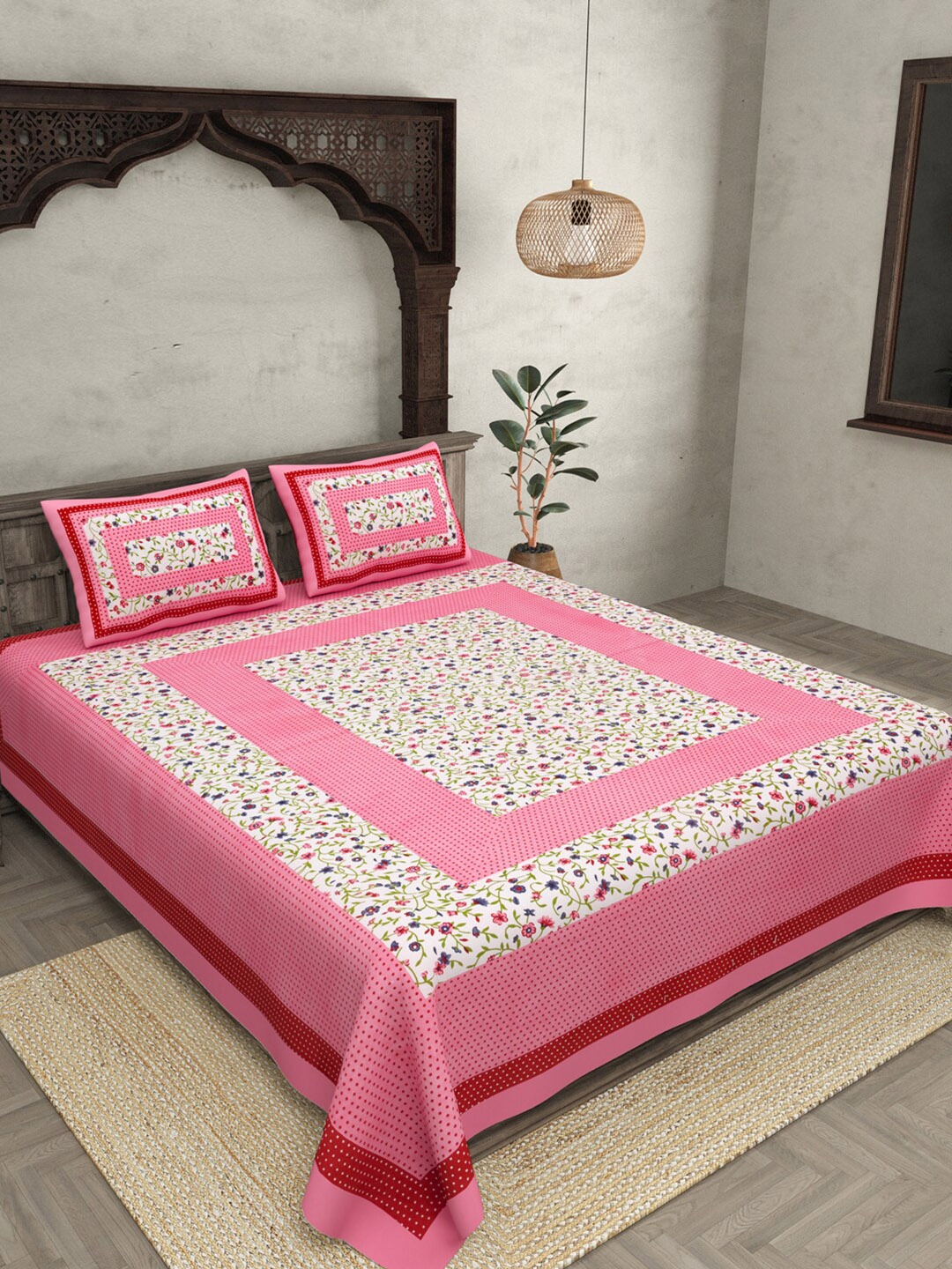 

JAIPUR FABRIC Pink & White Floral 150 TC Cotton Queen Bedsheet with 2 Pillow Covers