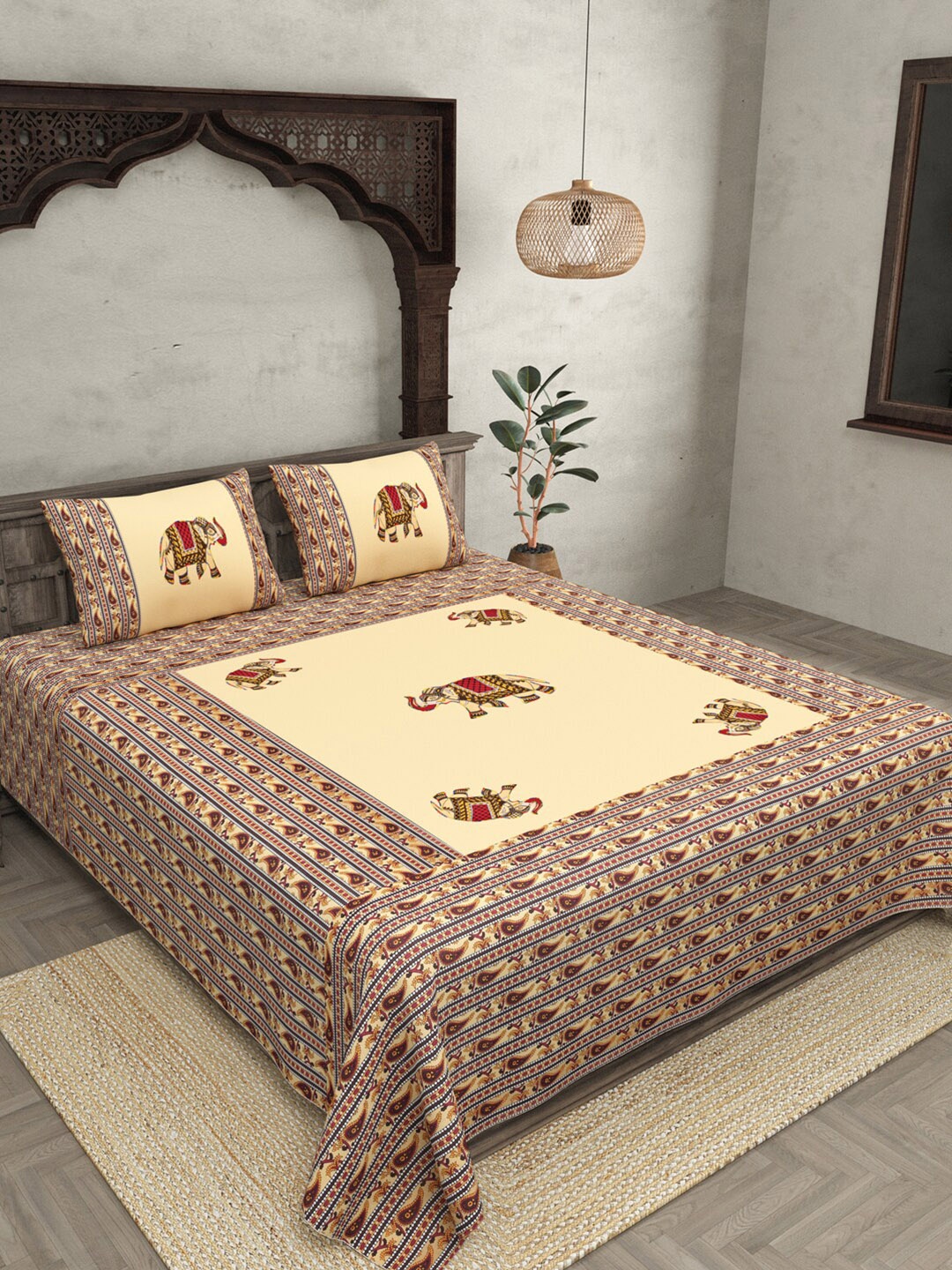 

JAIPUR FABRIC Cream-Coloured & Navy Blue Ethnic Motifs 240 TC Cotton Queen Bedsheet with 2 Pillow Covers