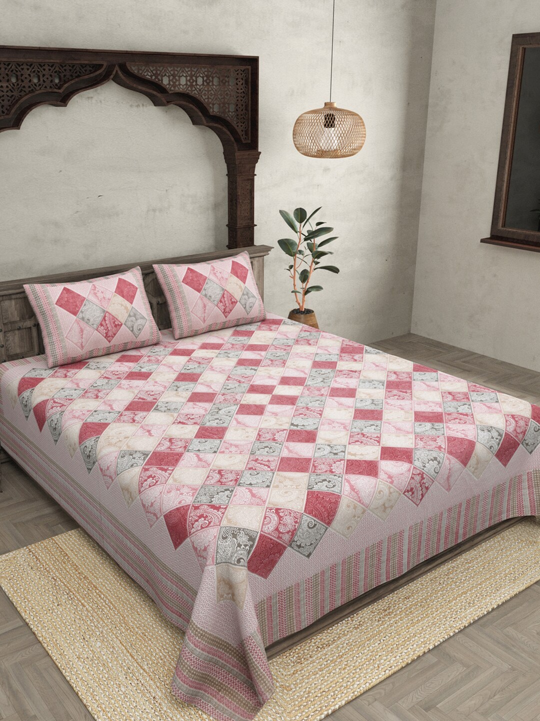 

JAIPUR FABRIC Pink & Grey Ethnic Motifs 240 TC Cotton King Bedsheet with 2 Pillow Covers