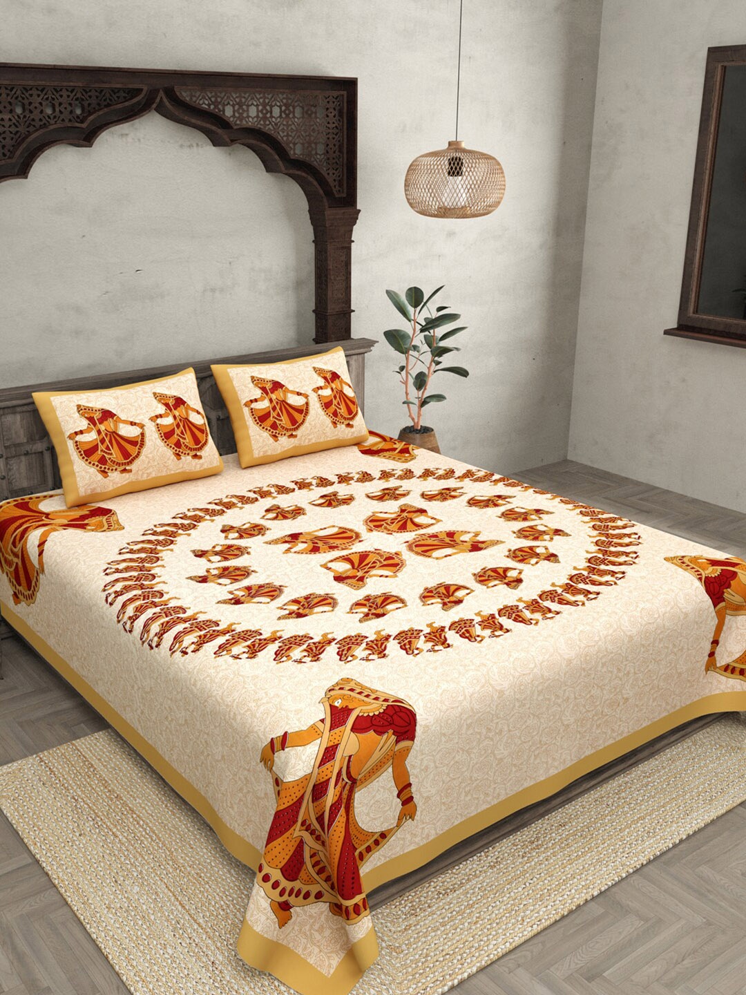 

JAIPUR FABRIC Brown & Beige Ethnic Motifs 180 TC Cotton Queen Bedsheet with 2 Pillow Covers