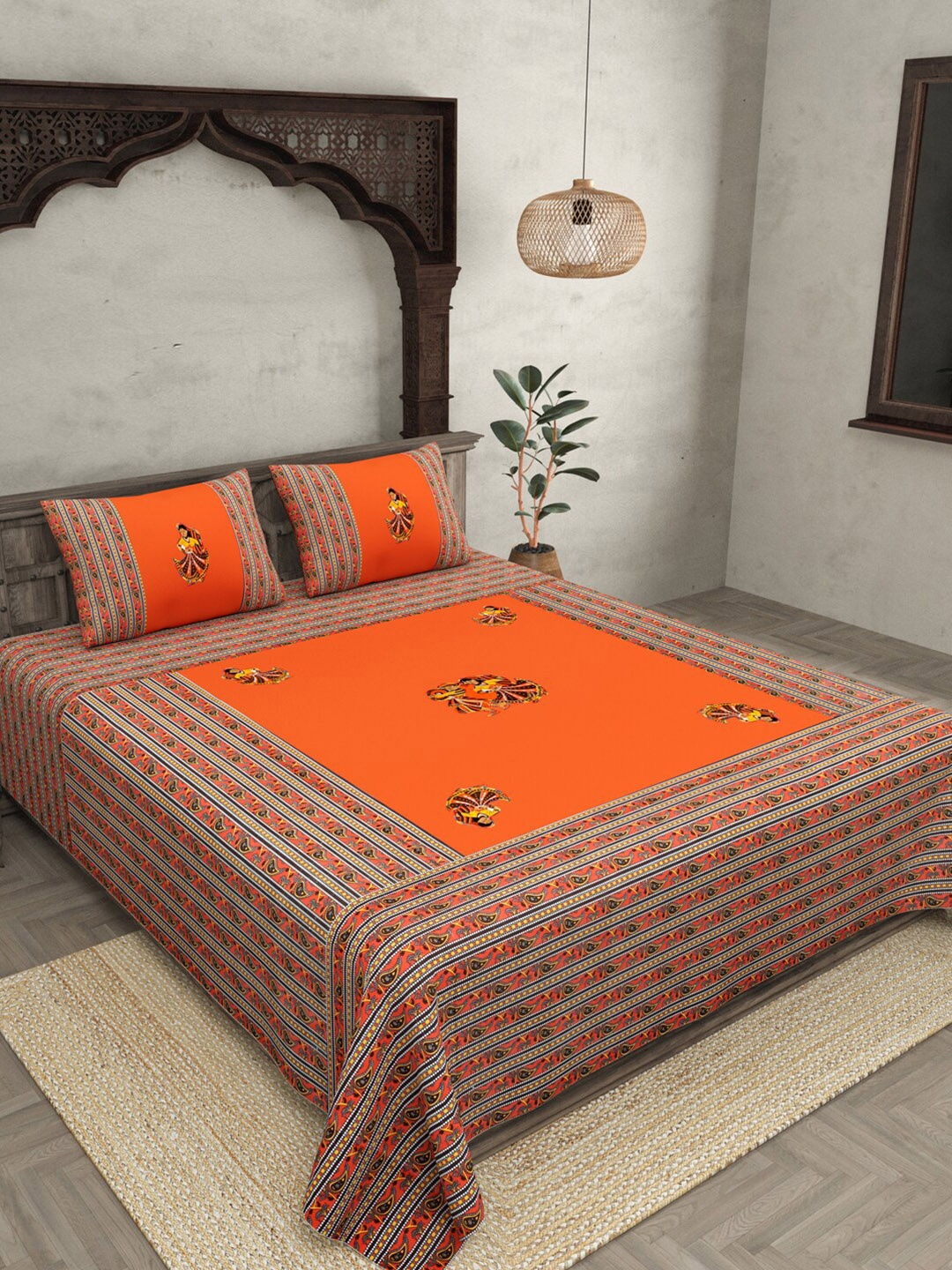 

JAIPUR FABRIC Orange & Black Ethnic Motifs 240 TC Cotton Queen Bedsheet & 2 Pillow Covers