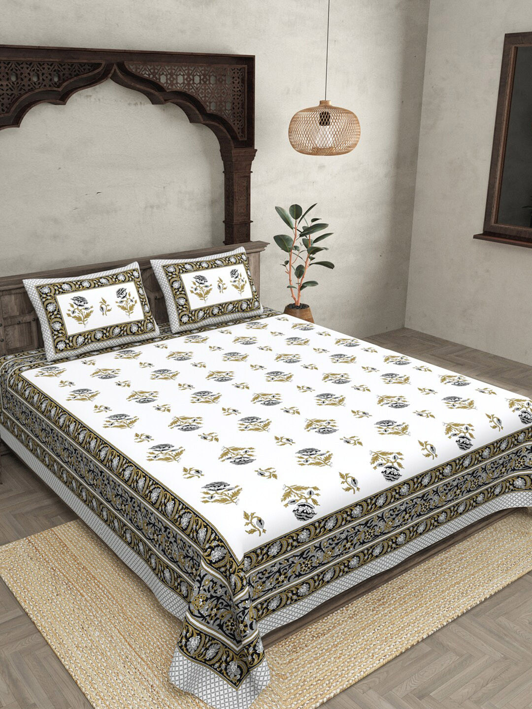 

JAIPUR FABRIC White & Grey Floral 120 TC Cotton Queen Bedsheet with 2 Pillow Covers