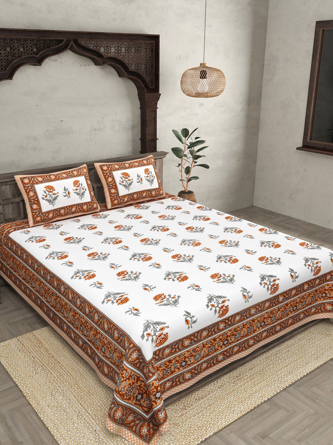 

JAIPUR FABRIC White & Orange Floral 120 TC Cotton Queen Bedsheet with 2 Pillow Covers