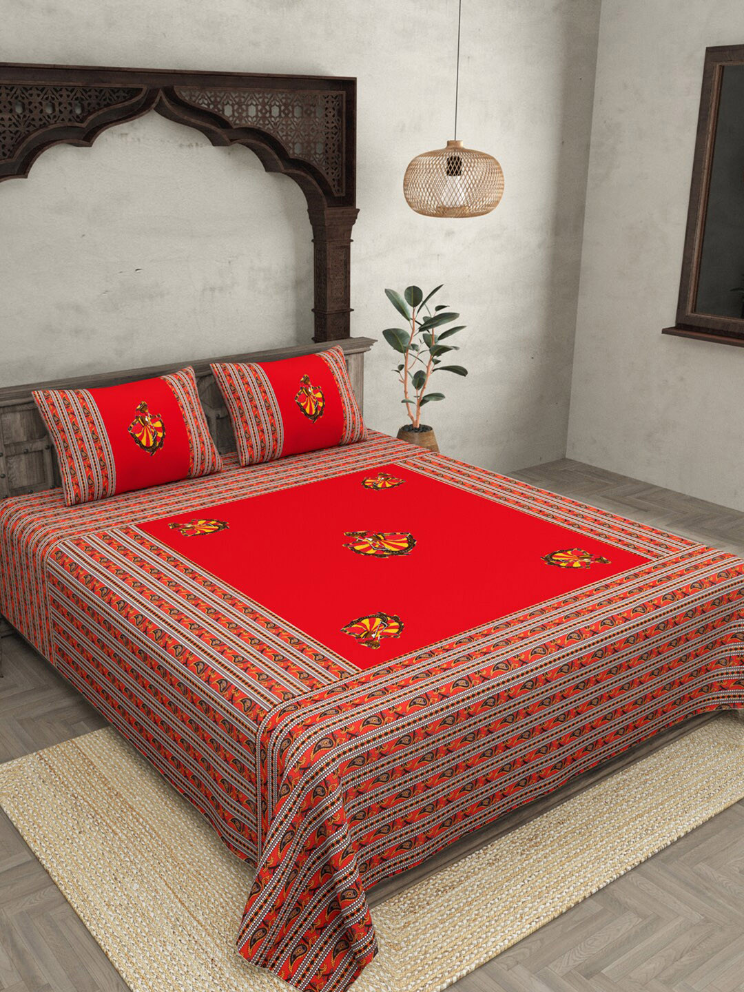 

JAIPUR FABRIC Red & Yellow Ethnic Motifs 240 TC Cotton Queen Bedsheet with 2 Pillow Covers