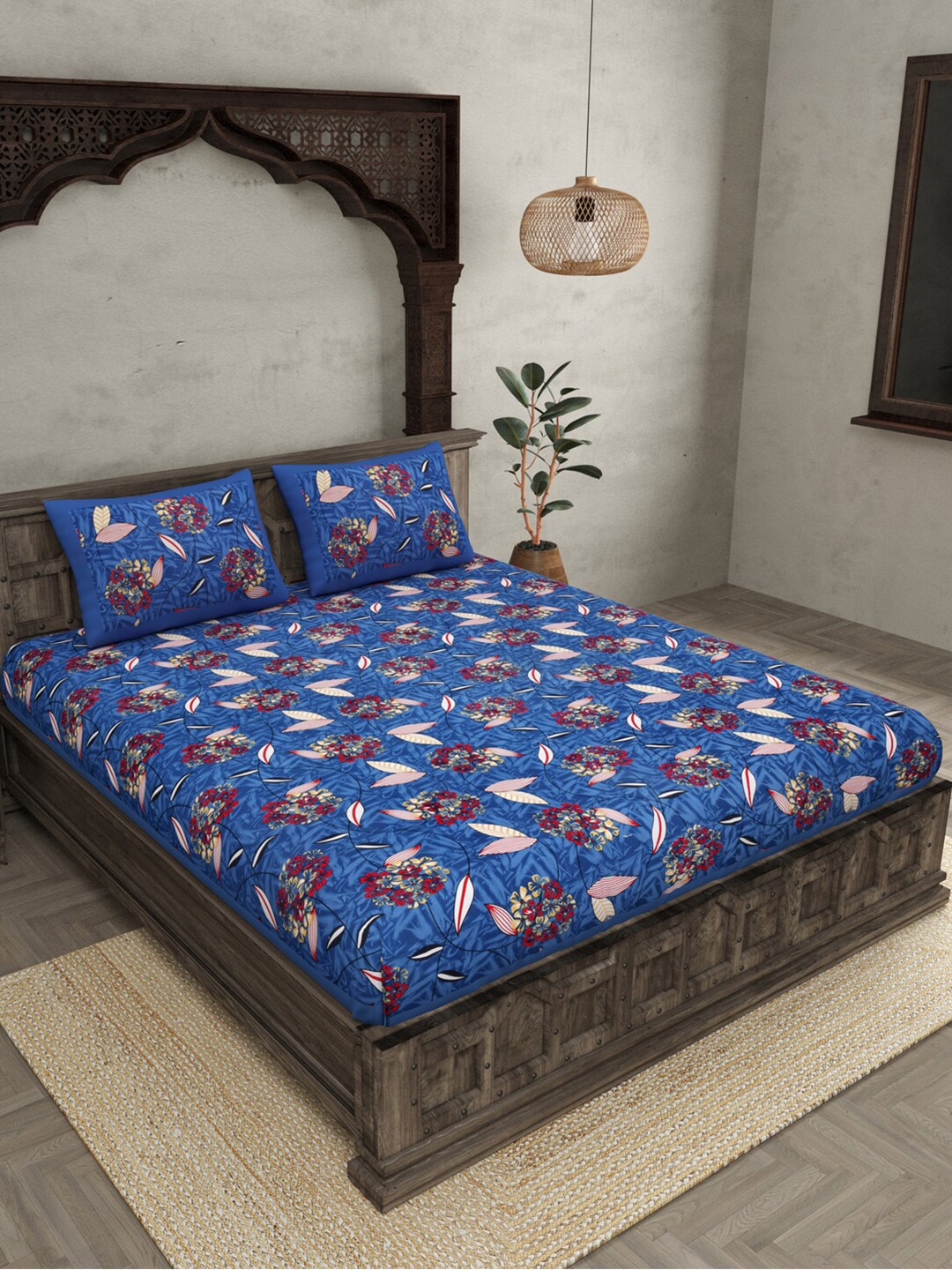 

JAIPUR FABRIC Blue & Red Floral 120 TC Cotton Queen Bedsheet with 2 Pillow Covers