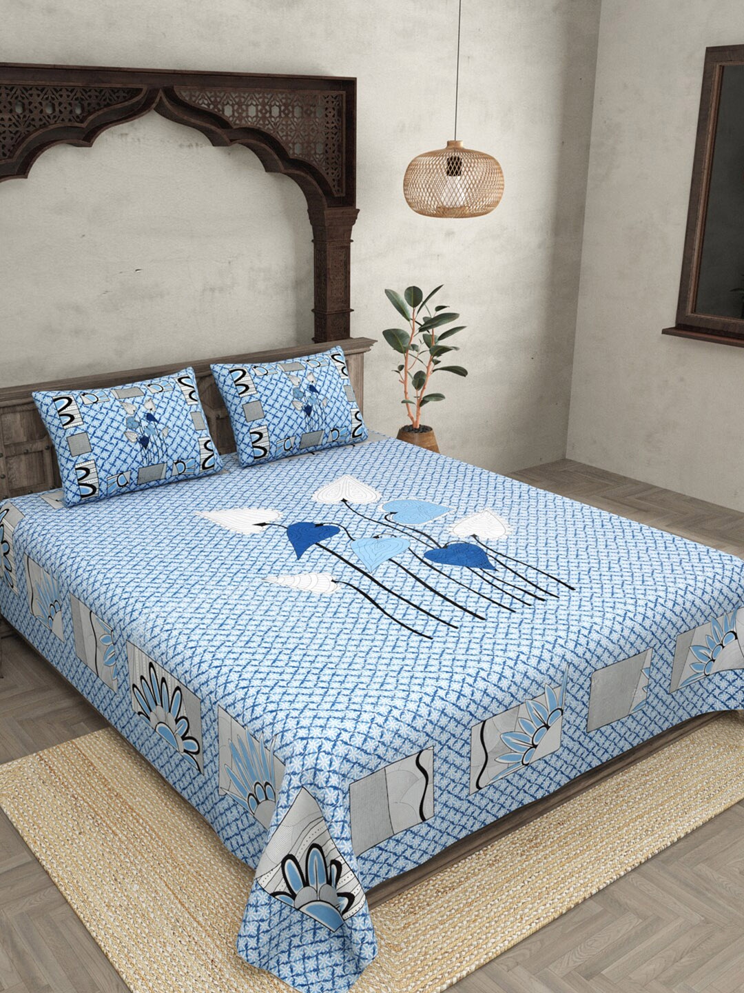 

JAIPUR FABRIC Blue & White Geometric 240 TC Cotton King Bedsheet with 2 Pillow Covers