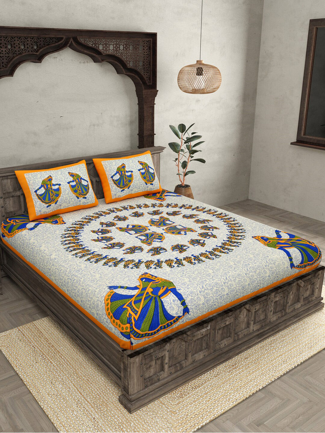 

JAIPUR FABRIC Yellow & Blue Ethnic Motifs 180 TC Cotton Queen Bedsheet with 2 Pillow Covers